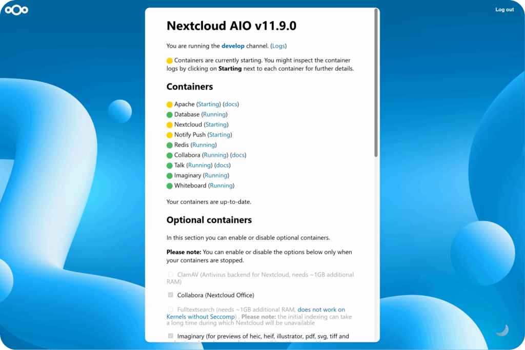 Nextcloud AIO containers after startup