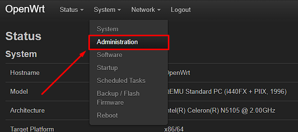 Меню System → Administration в LuCI OpenWrt
