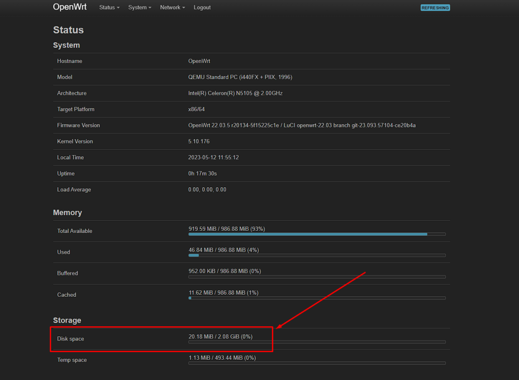 Корневой раздел OpenWrt после расширения