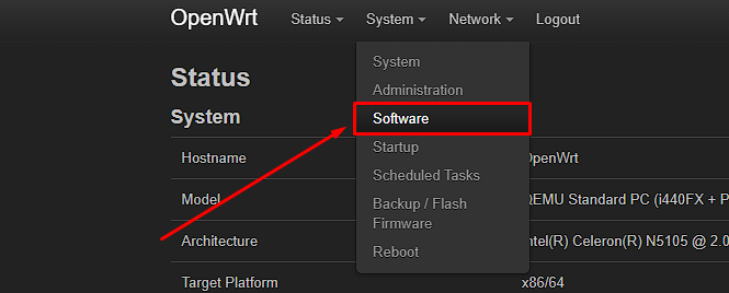 Русификация LuCI: меню System → Software