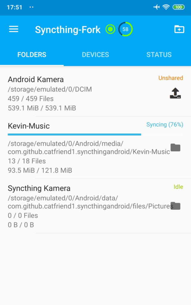 Syncthing-Fork: список папок на Android