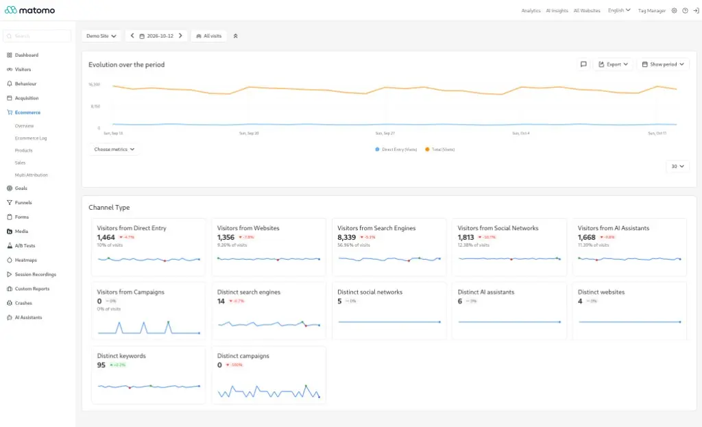 Matomo ecommerce overview in English, with channel cards and the shop menu on the left