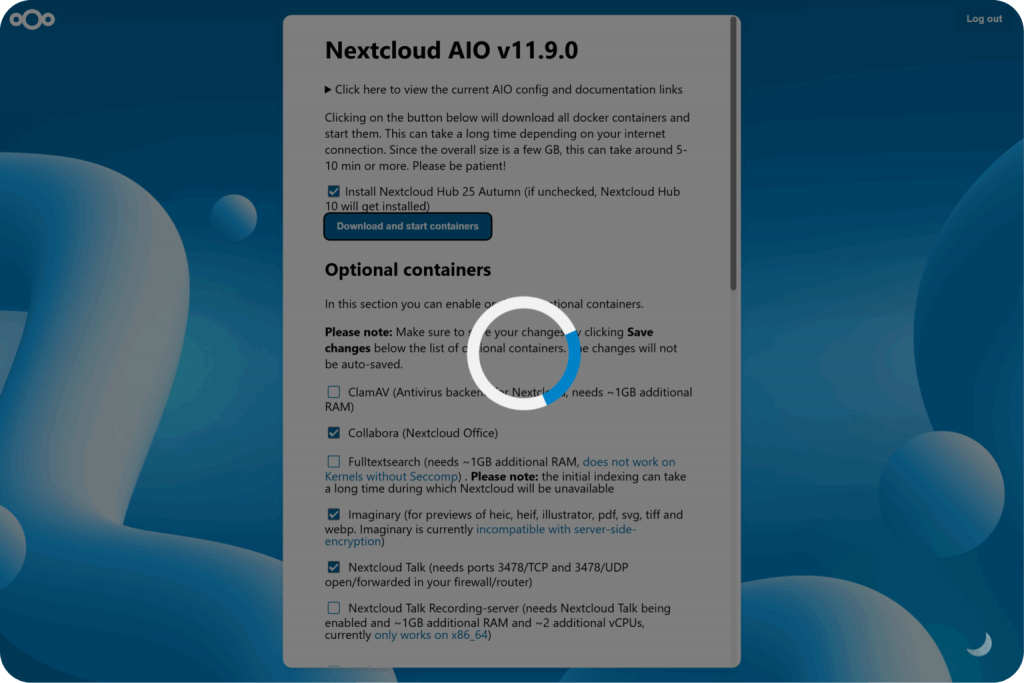 Выбор компонентов Nextcloud AIO перед запуском