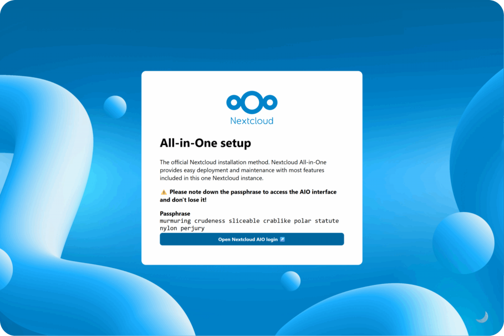 Первый экран Nextcloud AIO с парольной фразой