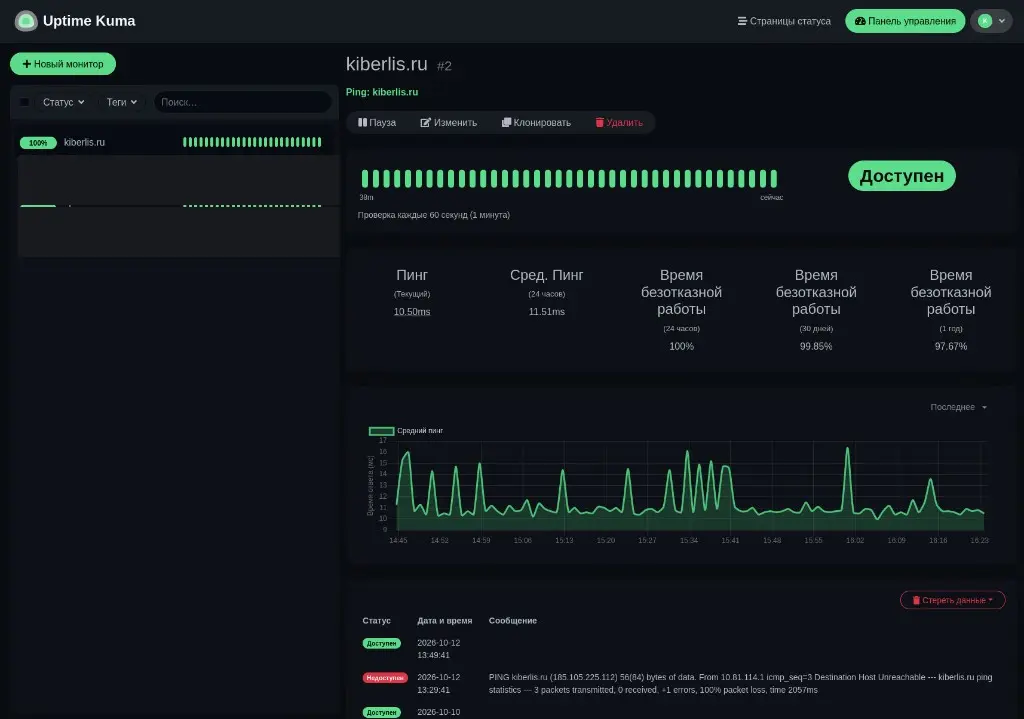 Панель Uptime Kuma с монитором kiberlis.ru (остальные объекты скрыты)