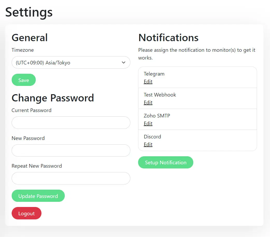Uptime Kuma settings page (official screenshot)